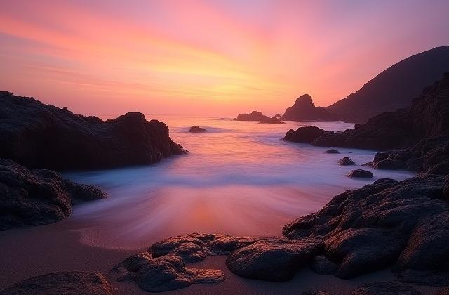 해질녘 제주 해안가의 바위와 파도